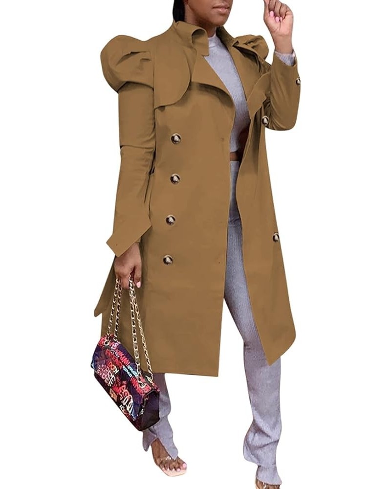 Women Trench Coat Elegant Long Puff Sleeve Loose Long Windbreaker Brown $14.57 Coats