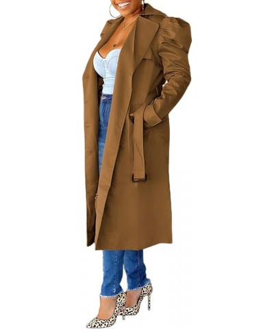 Women Trench Coat Elegant Long Puff Sleeve Loose Long Windbreaker Brown $14.57 Coats