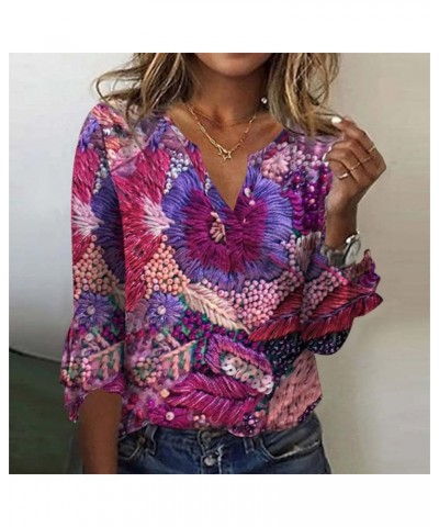 Fall Fashion Women's Top Loose Casual V-Neck Solid Color Blouses Bell 3/4 Sleeve T-Shirt 3-purple $9.63 Blouses