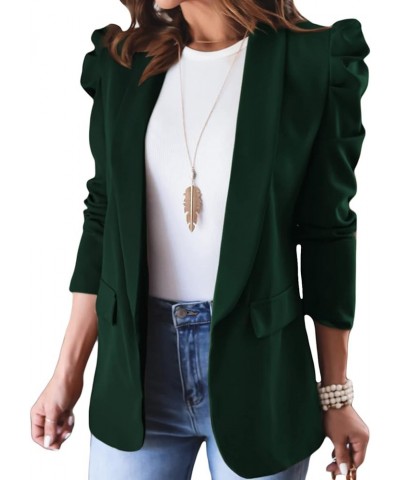 Women's Blazers Open Front Puff Sleeve Office Blazer Bussiness Casual Jackets Work Suit with Pockets Dark Green $26.40 Blazers