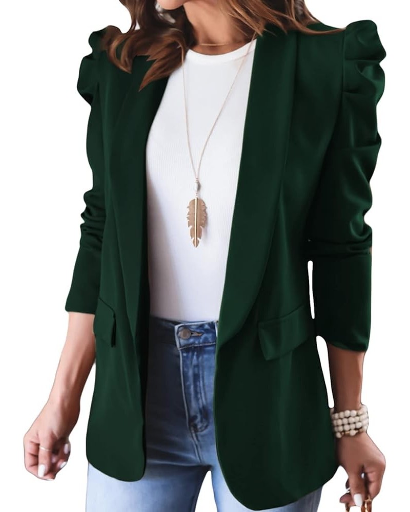 Women's Blazers Open Front Puff Sleeve Office Blazer Bussiness Casual Jackets Work Suit with Pockets Dark Green $26.40 Blazers