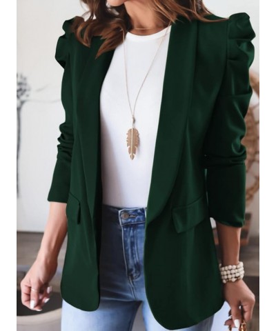 Women's Blazers Open Front Puff Sleeve Office Blazer Bussiness Casual Jackets Work Suit with Pockets Dark Green $26.40 Blazers