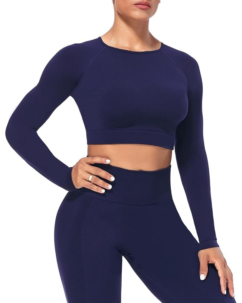 Women's Crop Long Sleeves Workout Tops Sports Shirts 91 Navy $11.00 Activewear