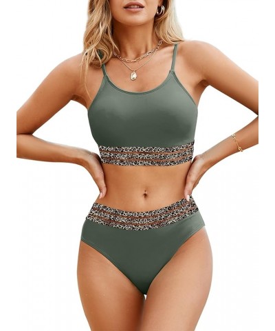 Women's Bikini Sets Contrast Leopard Mesh Trim 2 Piece Swimsuit Scoop Neck Adjustable Spaghetti Straps Bathing Suit Green $15...