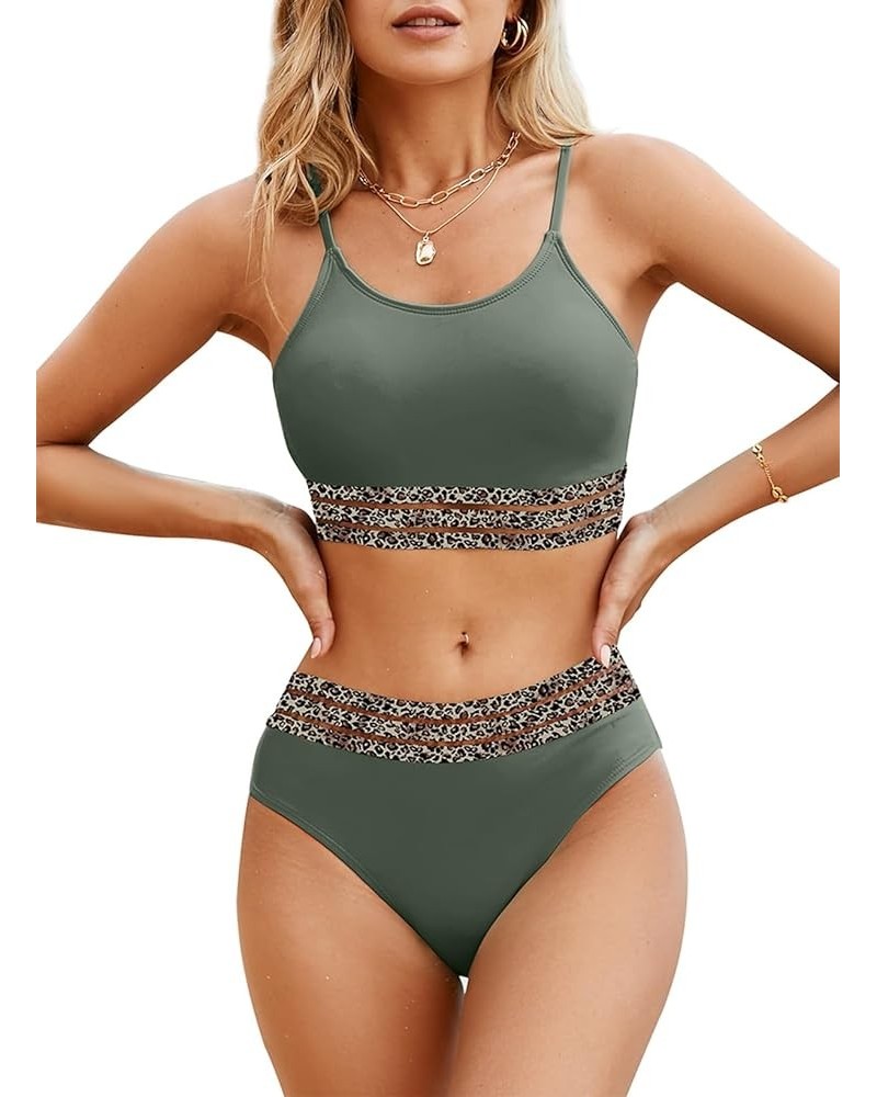 Women's Bikini Sets Contrast Leopard Mesh Trim 2 Piece Swimsuit Scoop Neck Adjustable Spaghetti Straps Bathing Suit Green $15...