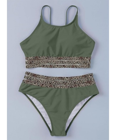 Women's Bikini Sets Contrast Leopard Mesh Trim 2 Piece Swimsuit Scoop Neck Adjustable Spaghetti Straps Bathing Suit Green $15...