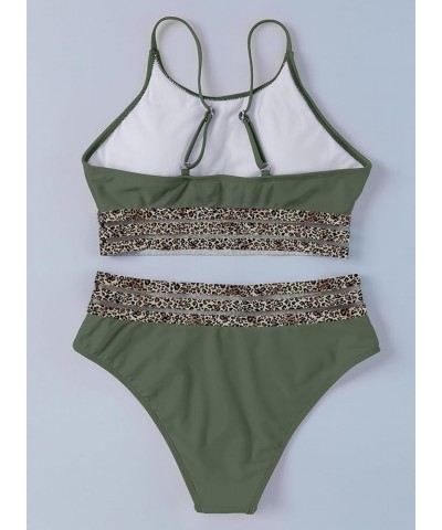 Women's Bikini Sets Contrast Leopard Mesh Trim 2 Piece Swimsuit Scoop Neck Adjustable Spaghetti Straps Bathing Suit Green $15...