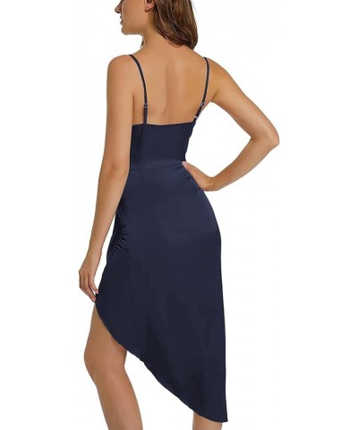 Women's Satin Wrap Ruched Bodycon Spaghetti Strap Club Party Midi Dress Dark Blue $21.83 Dresses