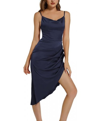 Women's Satin Wrap Ruched Bodycon Spaghetti Strap Club Party Midi Dress Dark Blue $21.83 Dresses