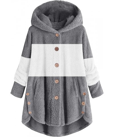 Fleece Jackets for Women Plus Size Button Plush Tops Hooded Patchwork Loose Cardigan Wool Coat Winter Jacket Outwear Q03grey ...