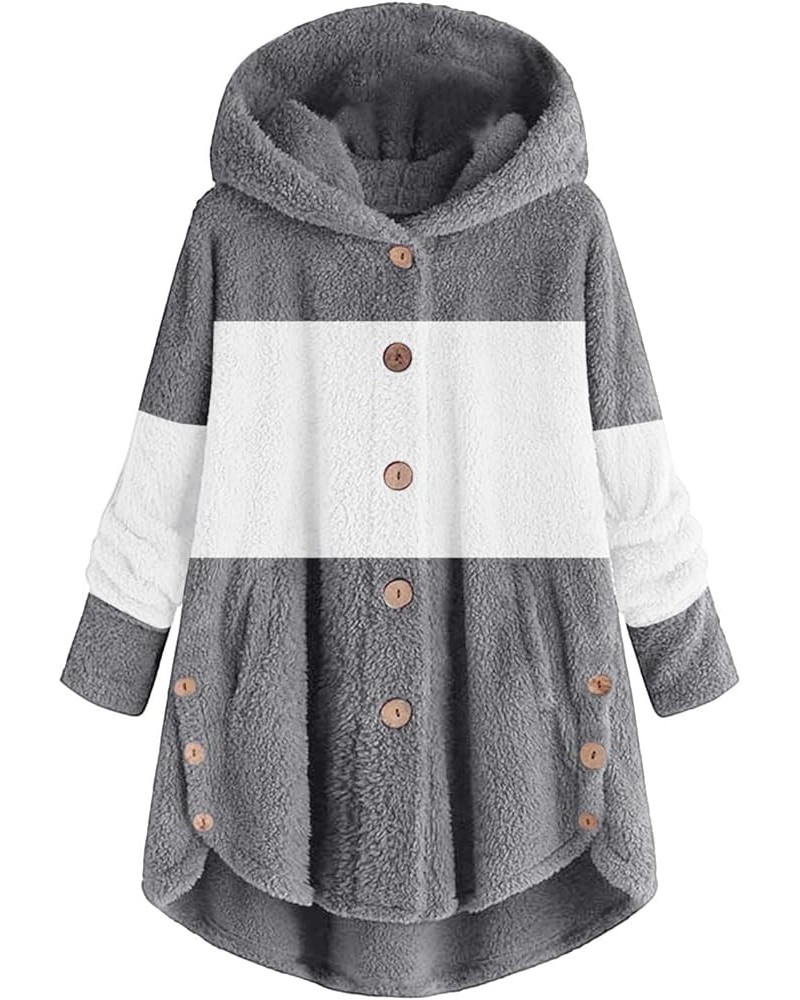 Fleece Jackets for Women Plus Size Button Plush Tops Hooded Patchwork Loose Cardigan Wool Coat Winter Jacket Outwear Q03grey ...