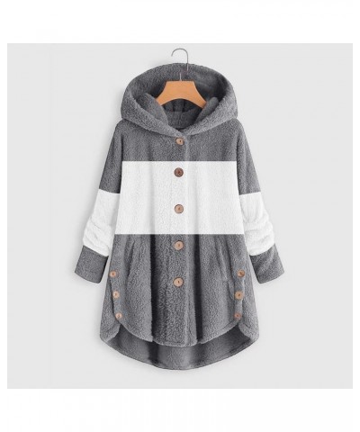 Fleece Jackets for Women Plus Size Button Plush Tops Hooded Patchwork Loose Cardigan Wool Coat Winter Jacket Outwear Q03grey ...