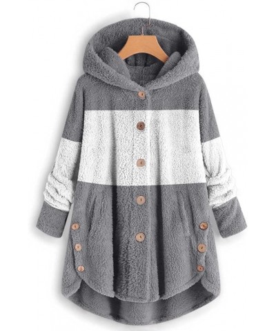 Fleece Jackets for Women Plus Size Button Plush Tops Hooded Patchwork Loose Cardigan Wool Coat Winter Jacket Outwear Q03grey ...