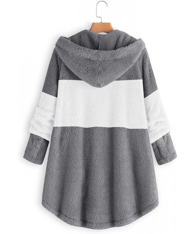 Fleece Jackets for Women Plus Size Button Plush Tops Hooded Patchwork Loose Cardigan Wool Coat Winter Jacket Outwear Q03grey ...