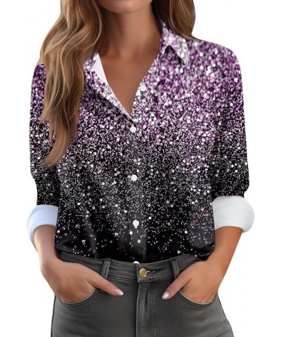 Fall Tops for Women 2023,Women's Trendy Sequins Lapel Long Sleeve T-Shirt Casual Loose Button Down Shirt Work Blouses 2-purpl...