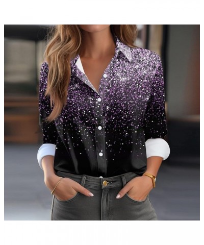 Fall Tops for Women 2023,Women's Trendy Sequins Lapel Long Sleeve T-Shirt Casual Loose Button Down Shirt Work Blouses 2-purpl...