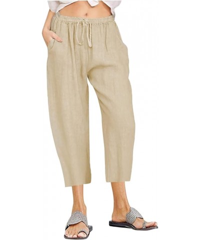 Women Summer Causal Linen Pants Drawstring Wide Leg Trousers Ankle Length Beach Pants Straight Leg Cropped Pants Khaki 14 $7....