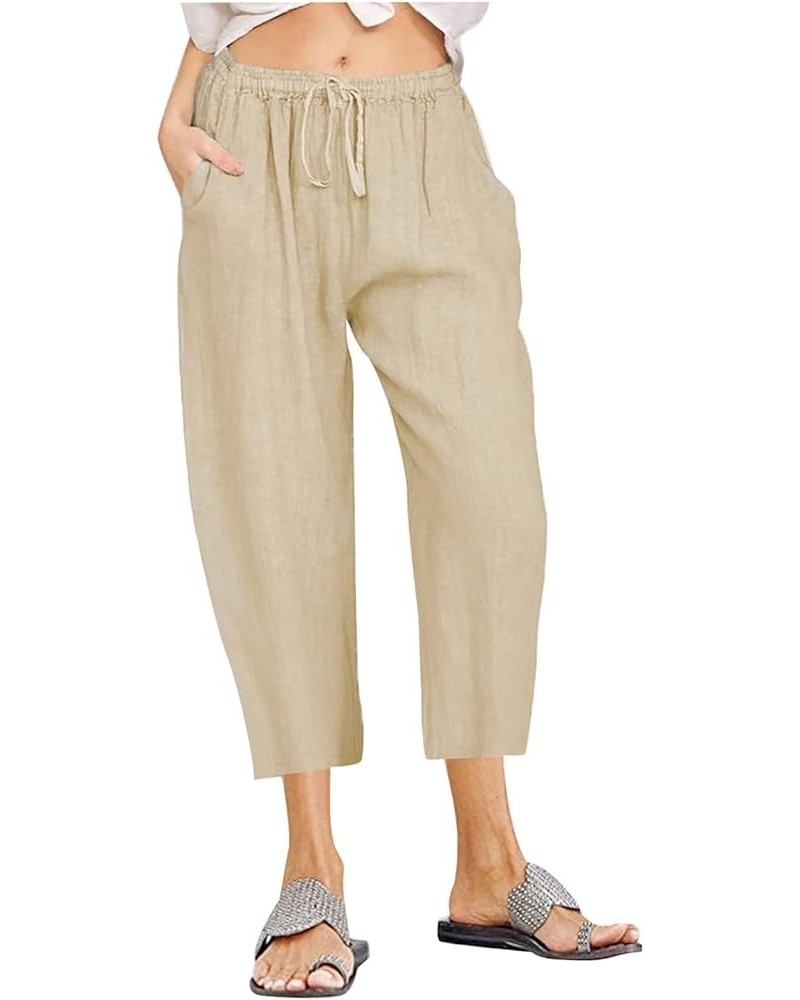 Women Summer Causal Linen Pants Drawstring Wide Leg Trousers Ankle Length Beach Pants Straight Leg Cropped Pants Khaki 14 $7....