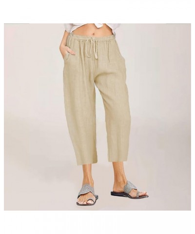 Women Summer Causal Linen Pants Drawstring Wide Leg Trousers Ankle Length Beach Pants Straight Leg Cropped Pants Khaki 14 $7....