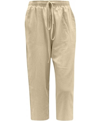 Women Summer Causal Linen Pants Drawstring Wide Leg Trousers Ankle Length Beach Pants Straight Leg Cropped Pants Khaki 14 $7....