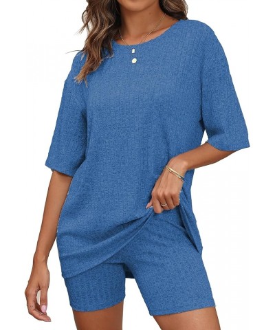 Women's Lounge Sets Pajamas Ribbed Knit Short Sleeve 2 Pieces Tshirt Bike Shorts Loungewear Outfits Mixed Blue $14.46 Sleep &...