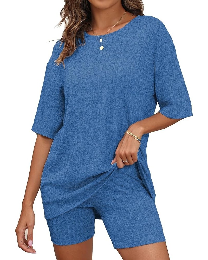 Women's Lounge Sets Pajamas Ribbed Knit Short Sleeve 2 Pieces Tshirt Bike Shorts Loungewear Outfits Mixed Blue $14.46 Sleep &...