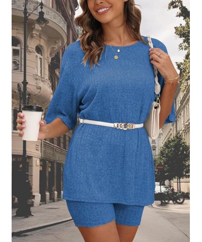 Women's Lounge Sets Pajamas Ribbed Knit Short Sleeve 2 Pieces Tshirt Bike Shorts Loungewear Outfits Mixed Blue $14.46 Sleep &...