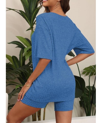 Women's Lounge Sets Pajamas Ribbed Knit Short Sleeve 2 Pieces Tshirt Bike Shorts Loungewear Outfits Mixed Blue $14.46 Sleep &...