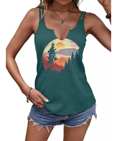 Sunset Tank Tops Women Pine Tree Retro Sun Tank Top Camping Shirts Vintage Graphic Tops Summer Sleeveless Tees Dark Green-c $...