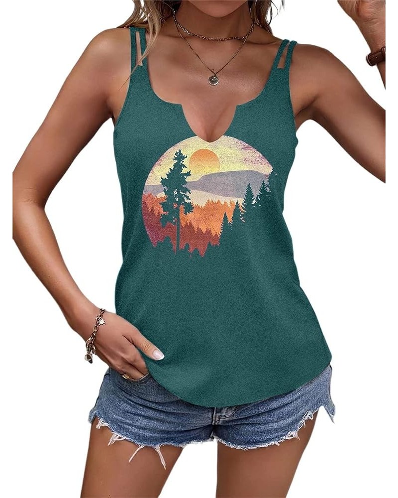 Sunset Tank Tops Women Pine Tree Retro Sun Tank Top Camping Shirts Vintage Graphic Tops Summer Sleeveless Tees Dark Green-c $...