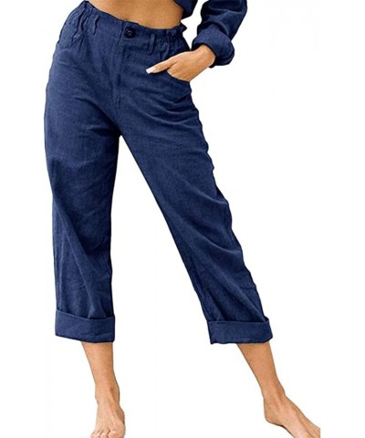 Capri Pants Women Casual Summer Elastic High Waist Linen Pants Loose Wide Leg Cargo Pants Crop Trouser with Pockets A2navy $6...