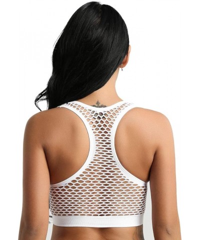 Women's Fishnet Yoga Gym Sports Bra with Removable Pads Racerback Vest White $10.06 Lingerie