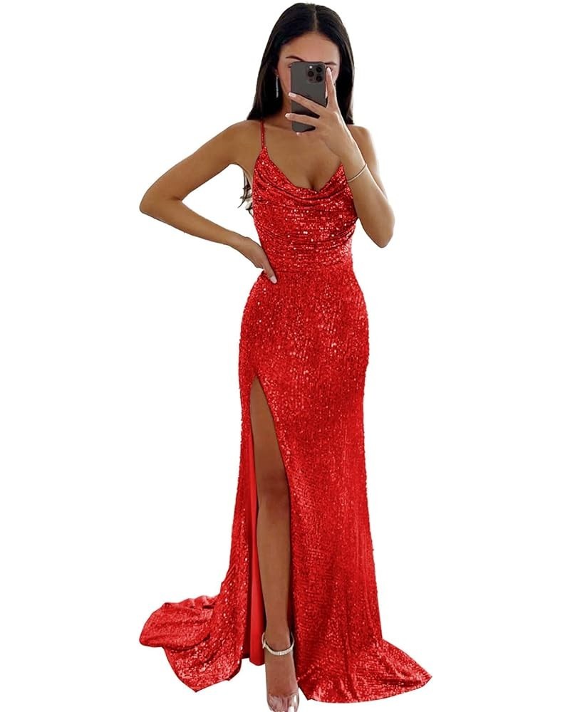 Mermaid Prom Dresses for Women with Slit Sparkly Sequins Cowl Neck Formal Evening Party Gown Red $35.25 Dresses