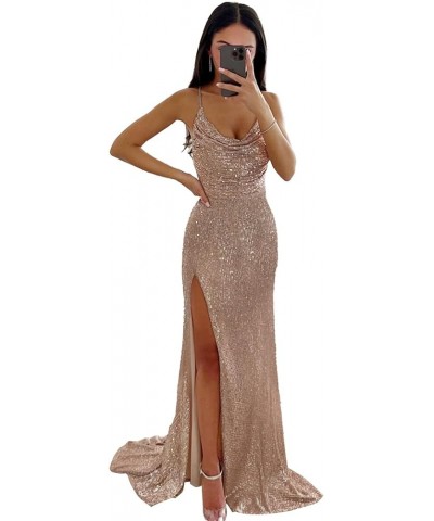 Mermaid Prom Dresses for Women with Slit Sparkly Sequins Cowl Neck Formal Evening Party Gown Red $35.25 Dresses