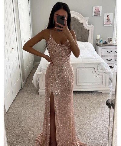 Mermaid Prom Dresses for Women with Slit Sparkly Sequins Cowl Neck Formal Evening Party Gown Red $35.25 Dresses