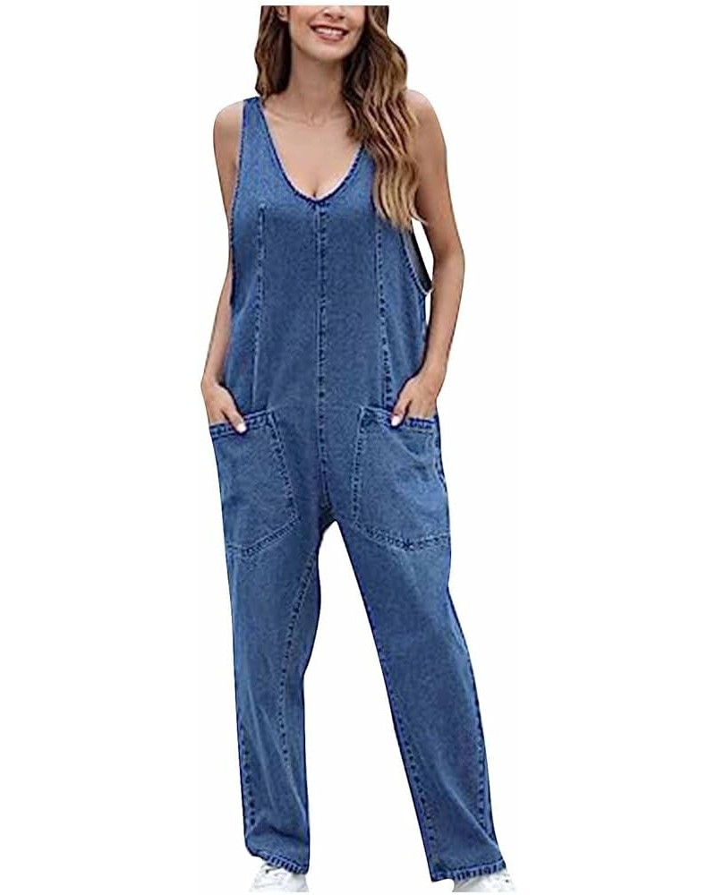 Summer Ripped Strapless Denim Jumpsuit Women's Wide Leg Washed Jeans Rompers Deep V Neck Back Zipper Overalls A7-dark Blue $3...