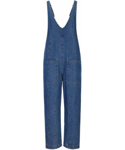 Summer Ripped Strapless Denim Jumpsuit Women's Wide Leg Washed Jeans Rompers Deep V Neck Back Zipper Overalls A7-dark Blue $3...