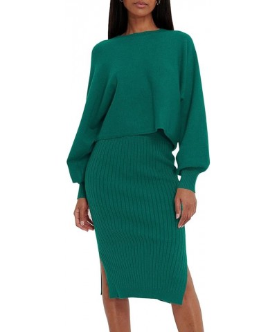 Women's 2 Piece Sweater Outfit Sets Puff Long Sleeve Knit Top and Bodycon Slit Midi Skirt Dress Green $20.00 Dresses