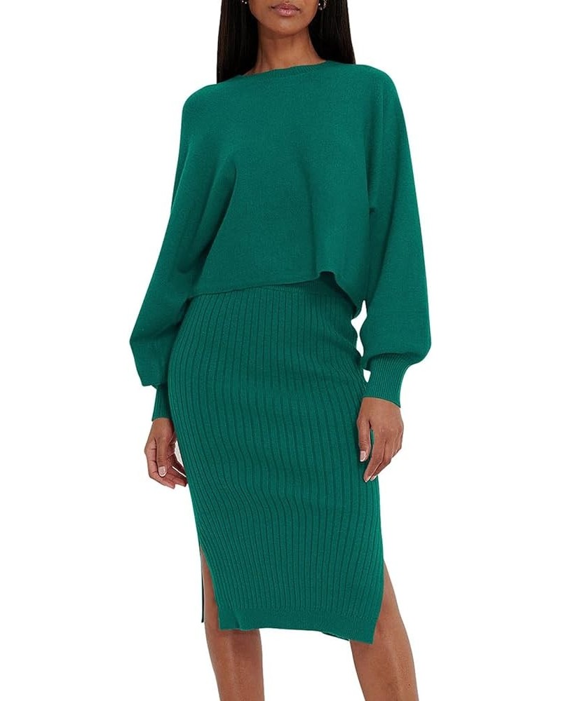 Women's 2 Piece Sweater Outfit Sets Puff Long Sleeve Knit Top and Bodycon Slit Midi Skirt Dress Green $20.00 Dresses