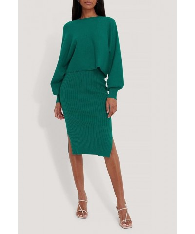 Women's 2 Piece Sweater Outfit Sets Puff Long Sleeve Knit Top and Bodycon Slit Midi Skirt Dress Green $20.00 Dresses