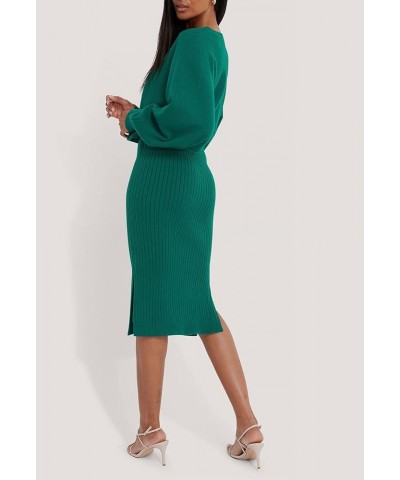 Women's 2 Piece Sweater Outfit Sets Puff Long Sleeve Knit Top and Bodycon Slit Midi Skirt Dress Green $20.00 Dresses