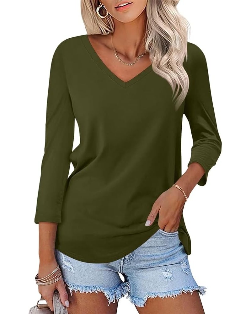 Women's V Neck 3/4 Sleeve T Shirt Solid/Color Block Casual Basic Tops Summer Tees A Olive $12.59 T-Shirts