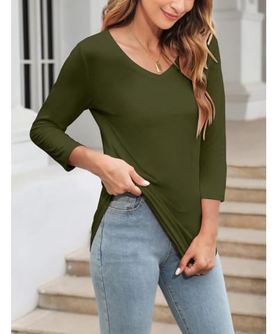 Women's V Neck 3/4 Sleeve T Shirt Solid/Color Block Casual Basic Tops Summer Tees A Olive $12.59 T-Shirts