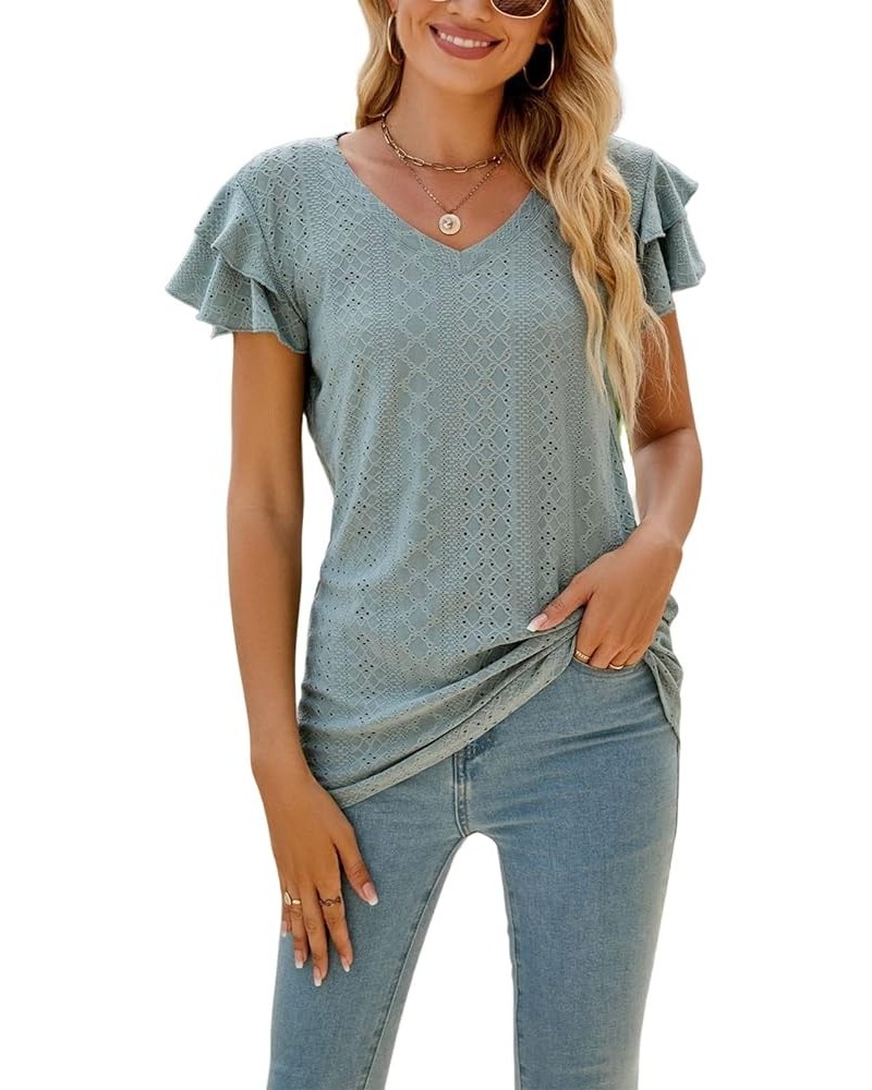 Womens Dressy Casual Blouses Summer Tops 2023 Trendy Eyelet V Neck Short Sleeve Shirts Dark Green $10.29 Blouses