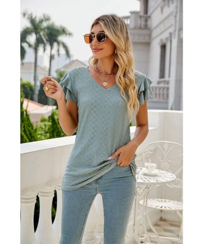 Womens Dressy Casual Blouses Summer Tops 2023 Trendy Eyelet V Neck Short Sleeve Shirts Dark Green $10.29 Blouses