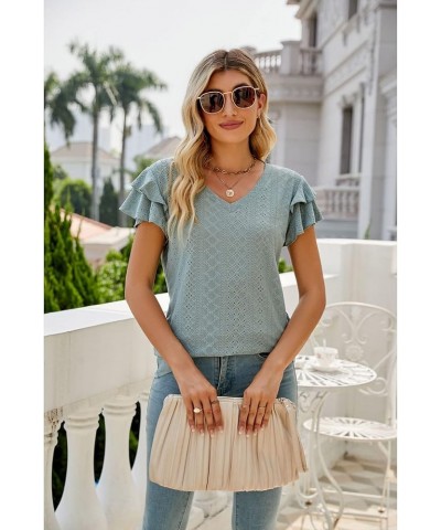 Womens Dressy Casual Blouses Summer Tops 2023 Trendy Eyelet V Neck Short Sleeve Shirts Dark Green $10.29 Blouses