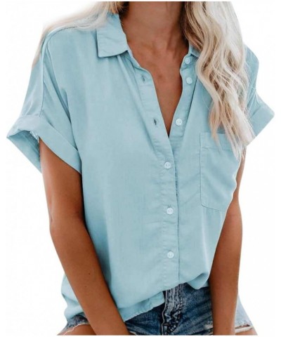 Womens Short Sleeve Button Down Shirts V Neck Blouse Shirts Casual Loose Collared Tops with Pockets Light Blue $5.21 Blouses