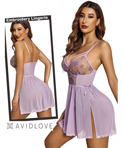 Women's Lingerie Lace Chemise Floral Embroidery Mesh Babydoll Side Slit Sleepwear Light Purple-flowers $10.99 Lingerie