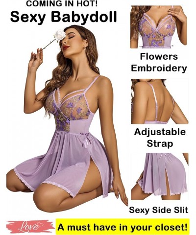 Women's Lingerie Lace Chemise Floral Embroidery Mesh Babydoll Side Slit Sleepwear Light Purple-flowers $10.99 Lingerie