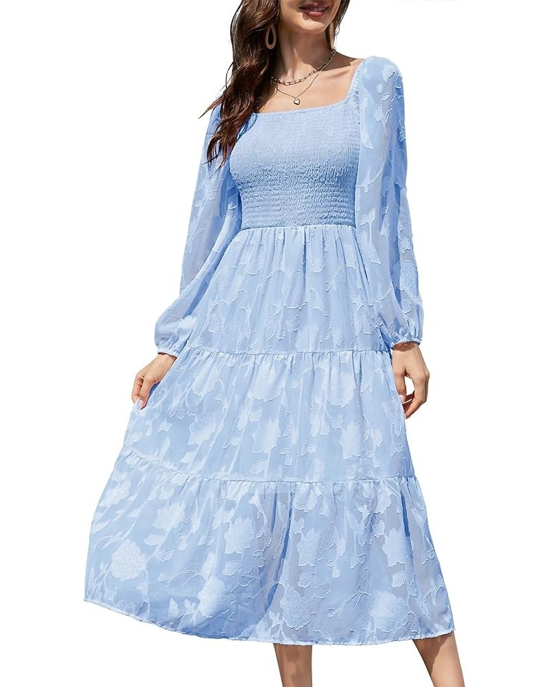 Women Casual Smocked Tiered Floral Swing Dress Puff Long Sleeves Square Neck Maxi Ruffle Flowy Party Dress Blue $20.25 Dresses